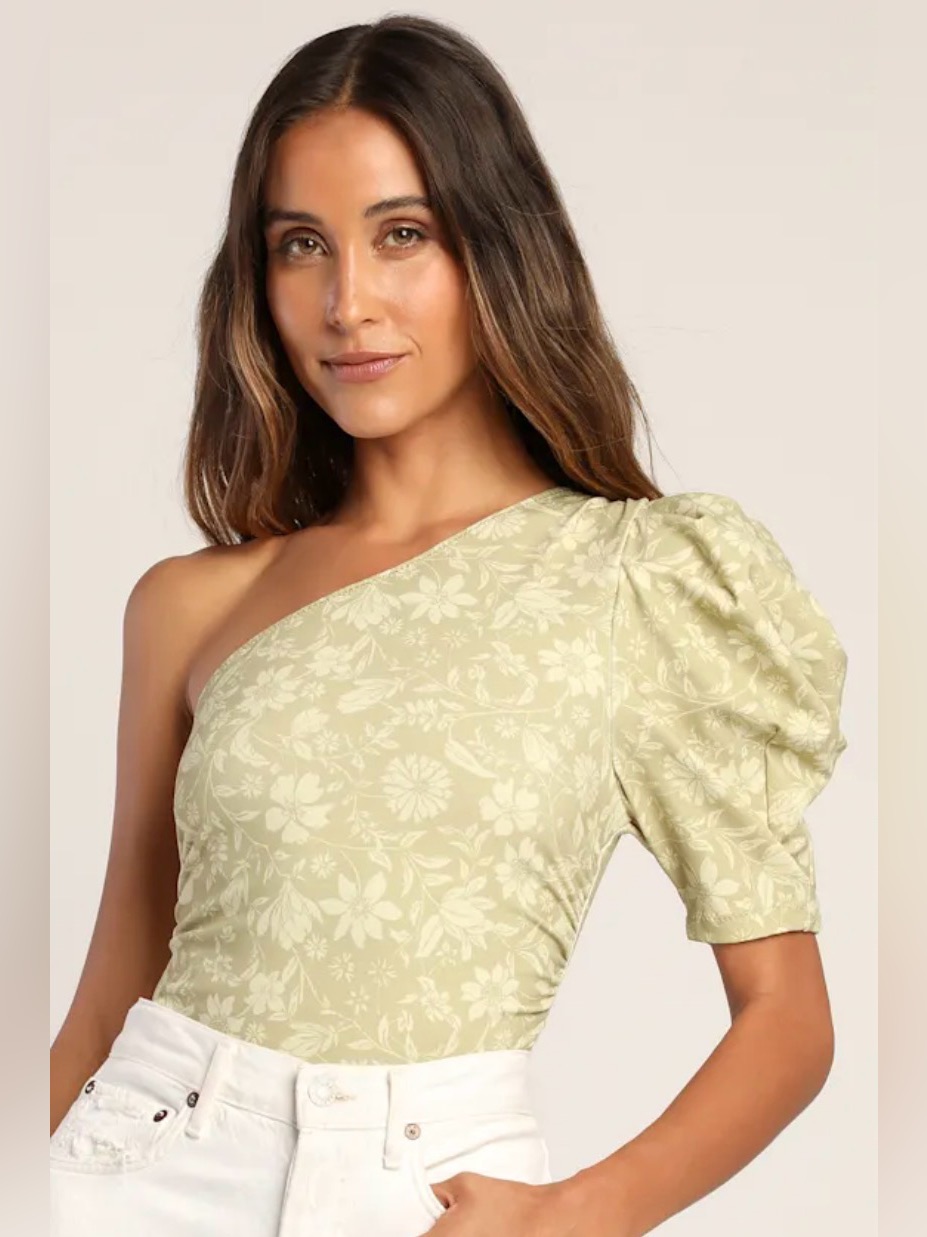 Free People Somethin Bout You Green Floral Puff Sleeve One-Shoulder Bodysuit